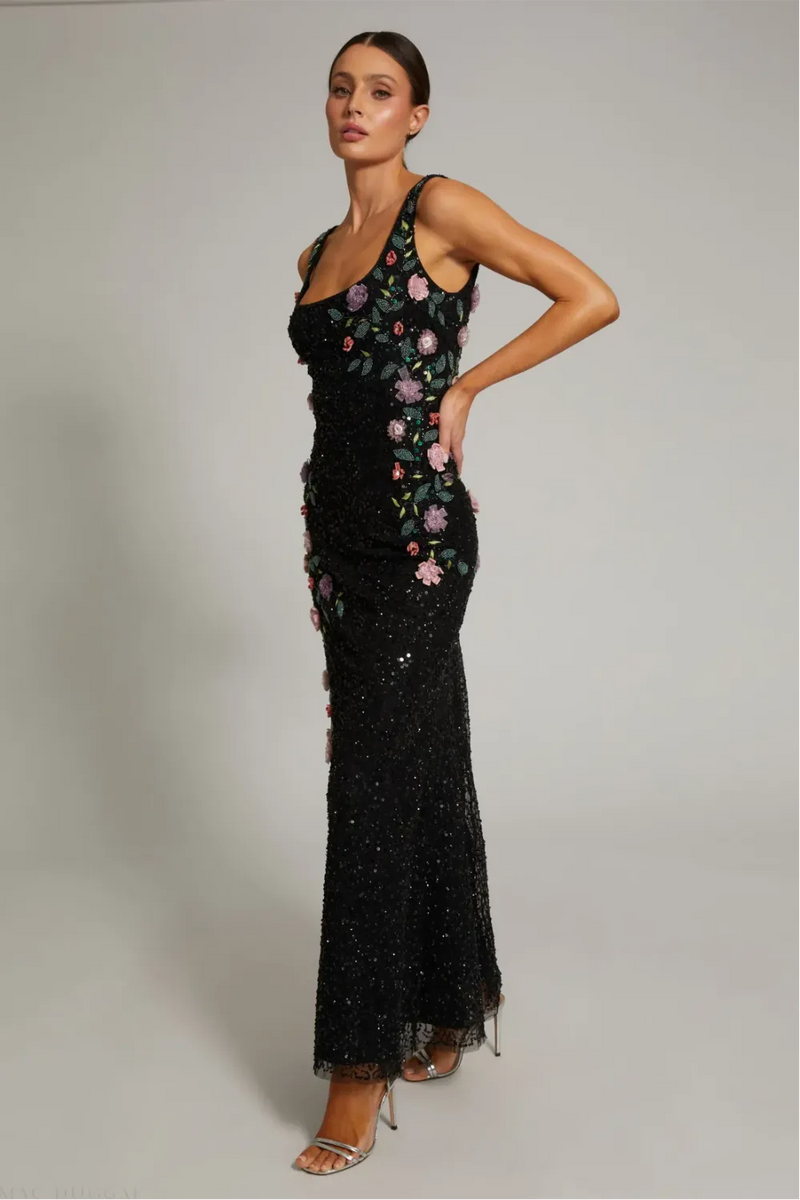 Black Floral Beaded Mesh Scoop Neck Sleeveless Gown by Mac Duggal in black color for women Worldwide