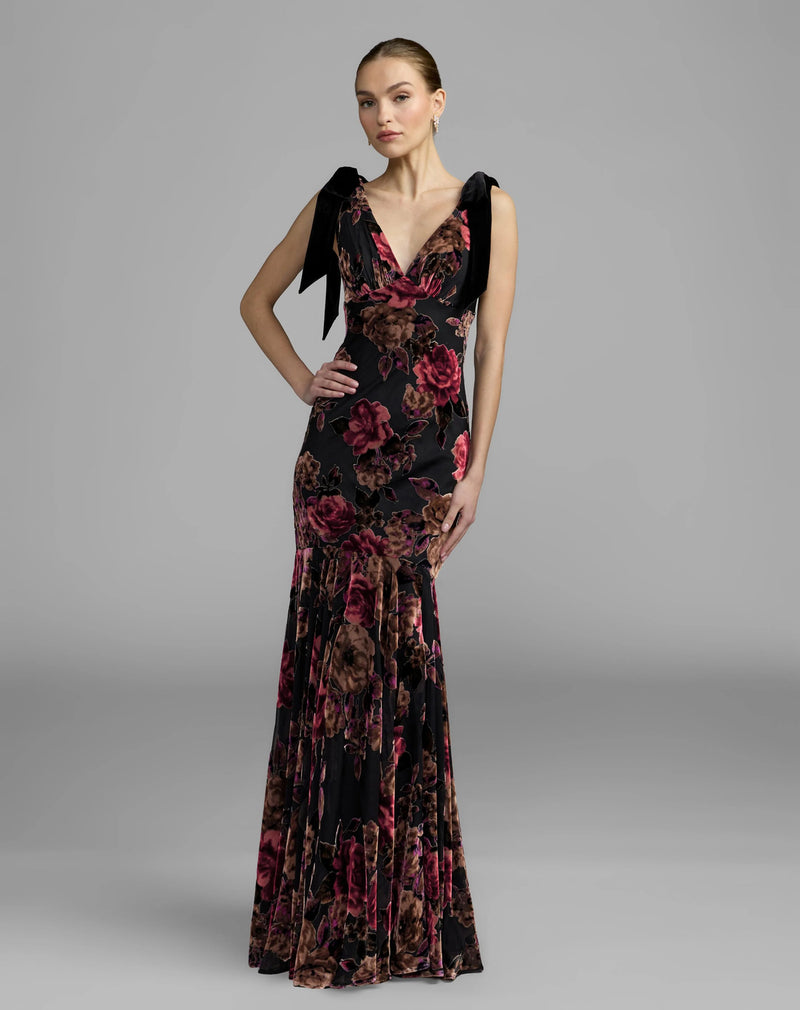 50175-Black Floral Velvet Mermaid Gown With Bows polyester cocktail-and-party-dresses by Mac Duggal in multi-color for women Worldwide