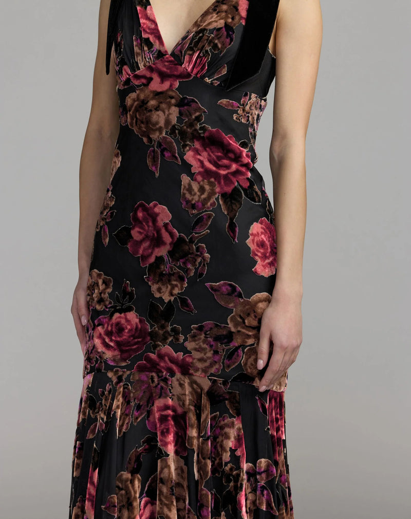 50175-Black Floral Velvet Mermaid Gown With Bows polyester cocktail-and-party-dresses by Mac Duggal in multi-color for women Worldwide
