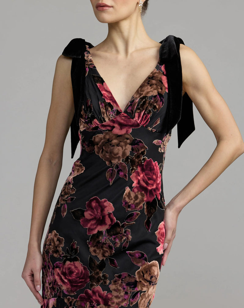 50175-Black Floral Velvet Mermaid Gown With Bows polyester cocktail-and-party-dresses by Mac Duggal in multi-color for women Worldwide
