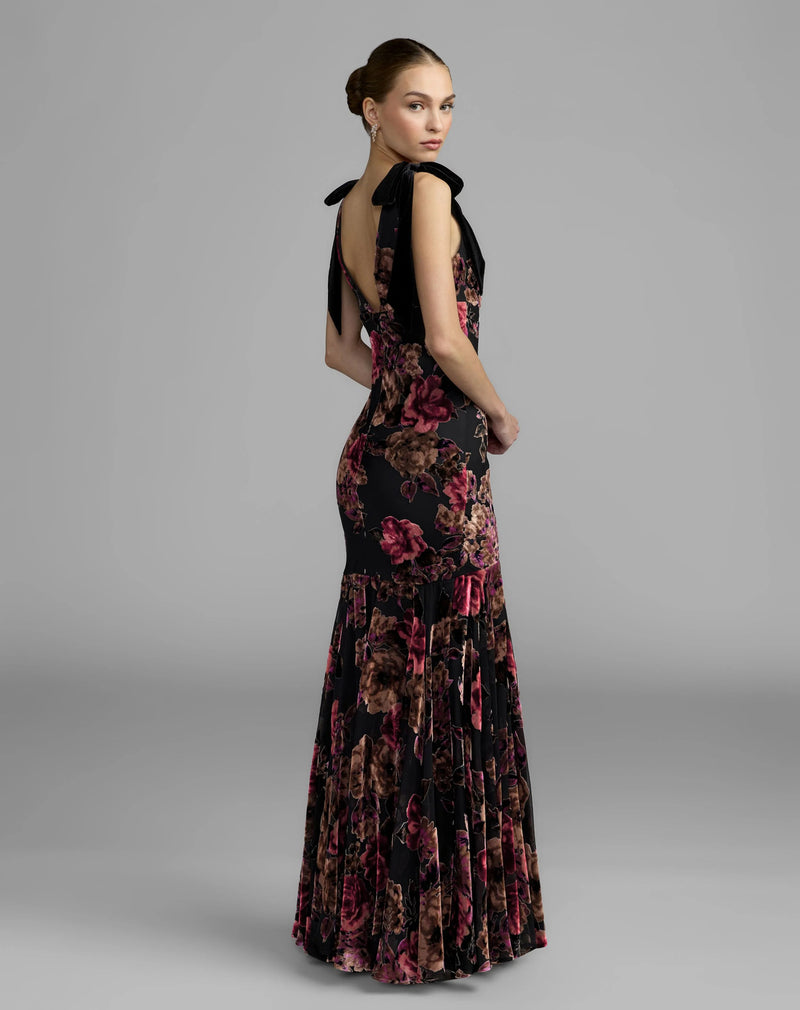 50175-Black Floral Velvet Mermaid Gown With Bows polyester cocktail-and-party-dresses by Mac Duggal in multi-color for women Worldwide