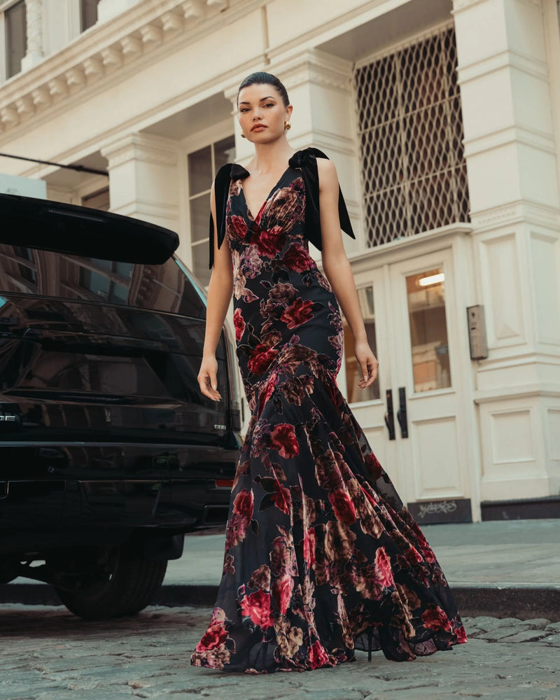 50175-Black Floral Velvet Mermaid Gown With Bows polyester cocktail-and-party-dresses by Mac Duggal in multi-color for women Worldwide