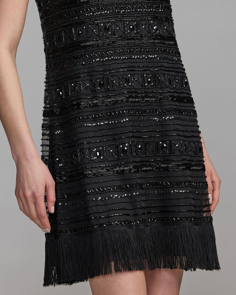 9449-Black Geometric Beaded Fringe Mini Dress polyester cocktail-and-party-dresses by Mac Duggal in black for women Worldwide