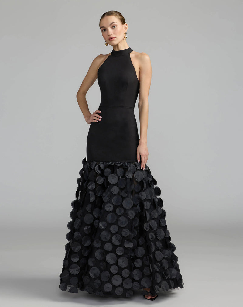 56462-Black Halter Neck 3D Floral Hem Gown polyester evening-gowns by Mac Duggal in black for women Worldwide