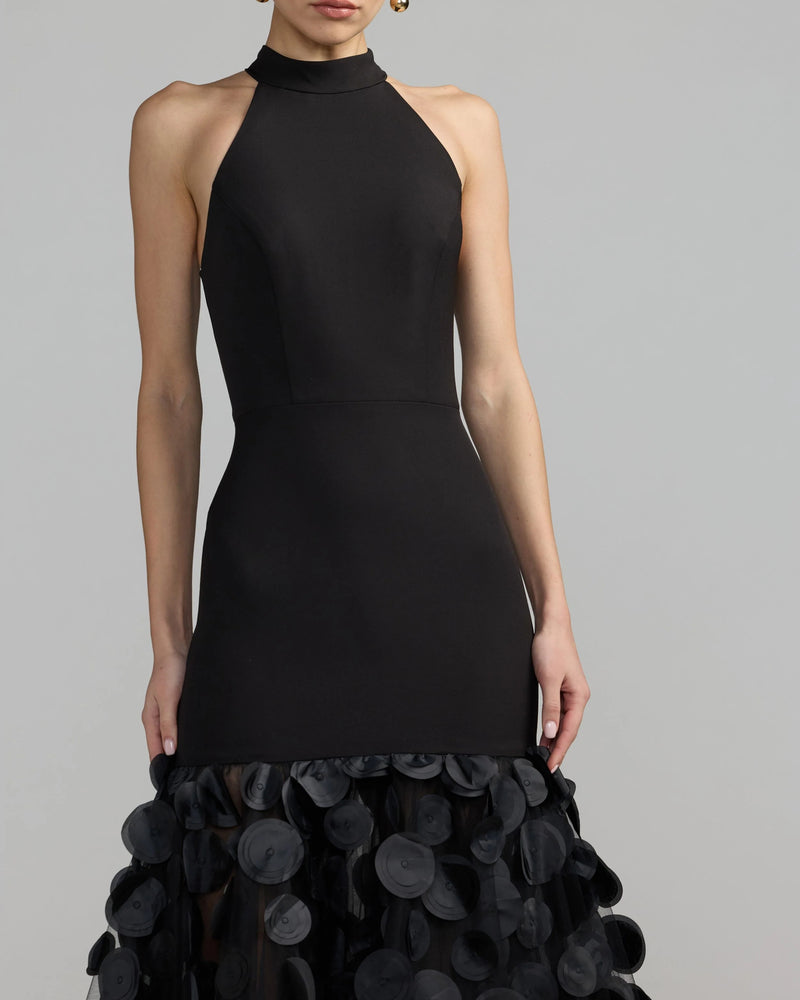 56462-Black Halter Neck 3D Floral Hem Gown polyester evening-gowns by Mac Duggal in black for women Worldwide