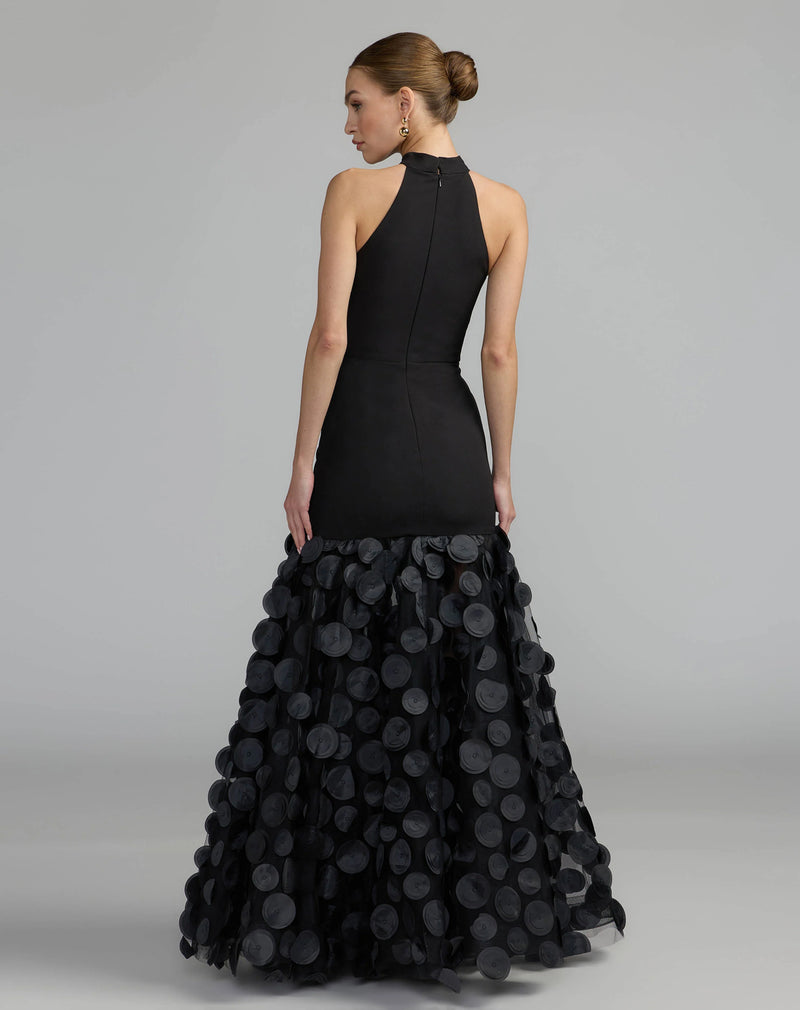56462-Black Halter Neck 3D Floral Hem Gown polyester evening-gowns by Mac Duggal in black for women Worldwide