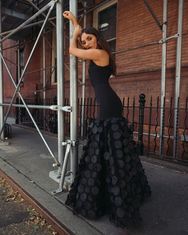 56462-Black Halter Neck 3D Floral Hem Gown polyester evening-gowns by Mac Duggal in black for women Worldwide