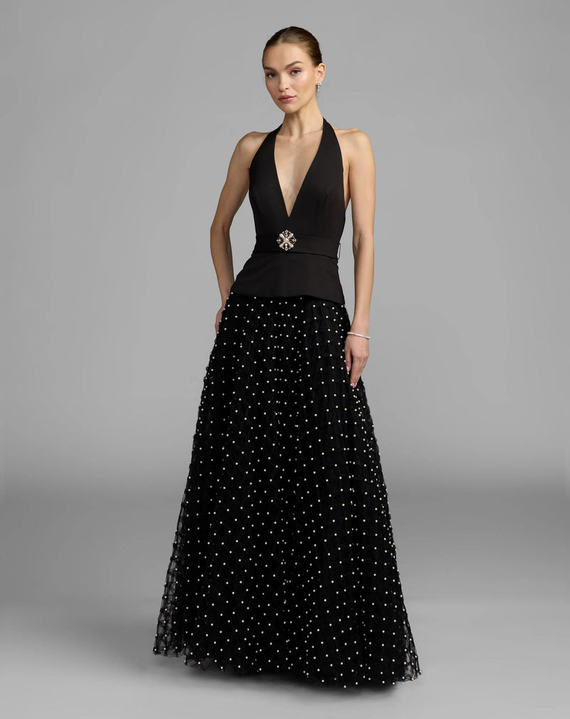27865-Black Halter Pearl Embellished A-Line Gown polyester evening-gowns by Mac Duggal in black for women Worldwide