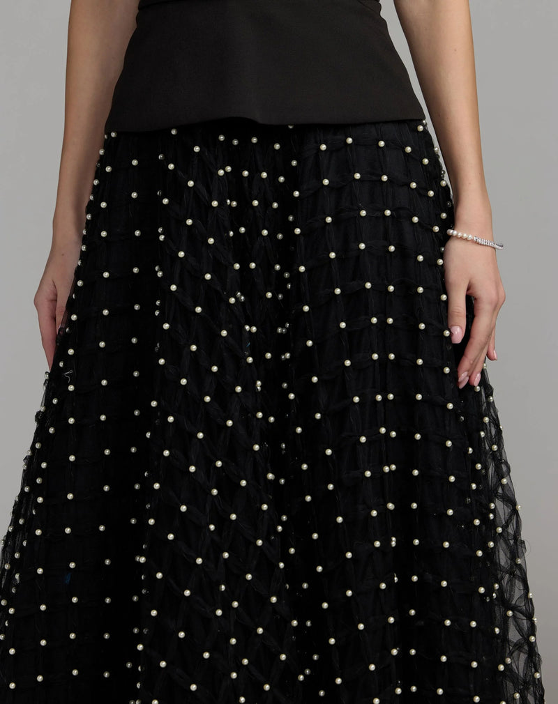27865-Black Halter Pearl Embellished A-Line Gown polyester evening-gowns by Mac Duggal in black for women Worldwide