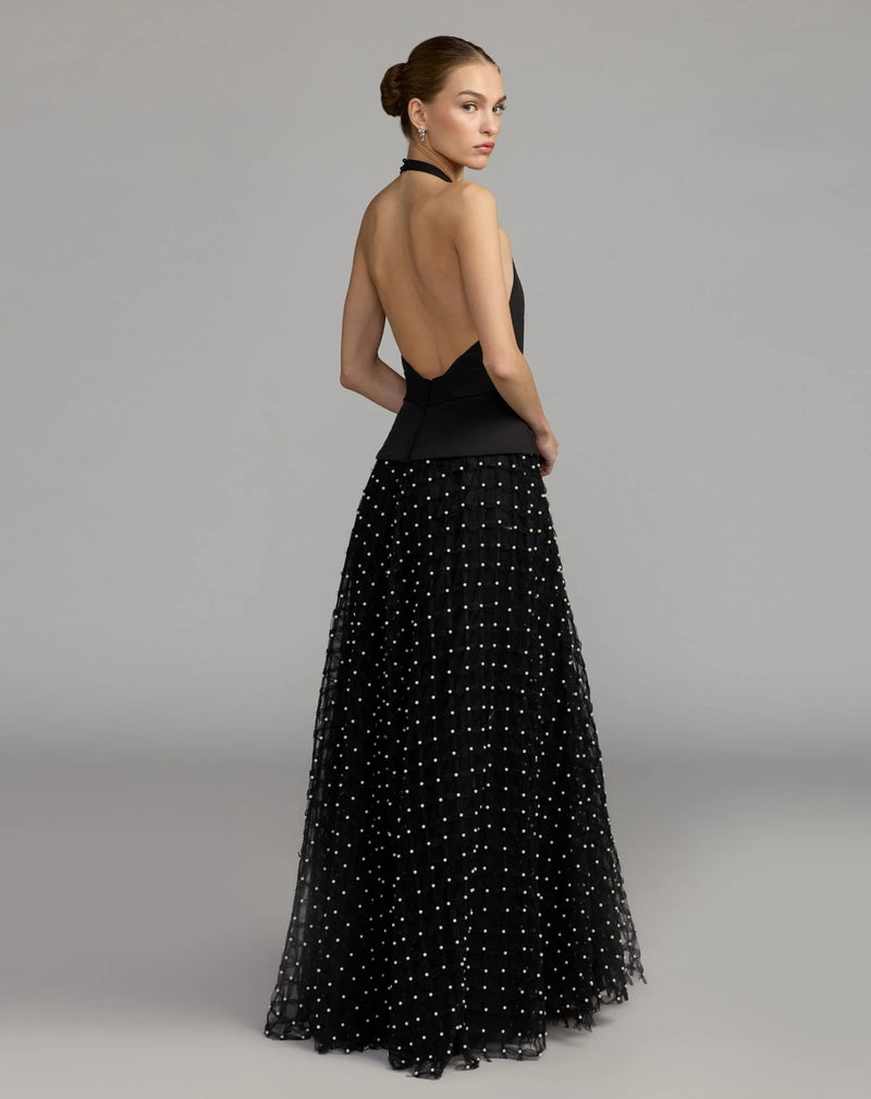 27865-Black Halter Pearl Embellished A-Line Gown polyester evening-gowns by Mac Duggal in black for women Worldwide