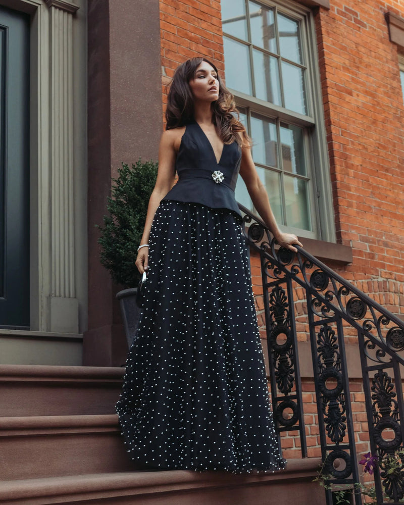 27865-Black Halter Pearl Embellished A-Line Gown polyester evening-gowns by Mac Duggal in black for women Worldwide