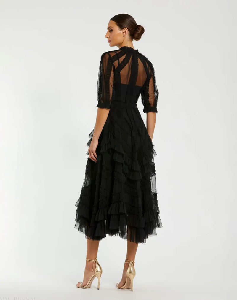 Black High Neck Ruffle Tiered A-Line Midi Dress by Mac Duggal in black color for women Worldwide