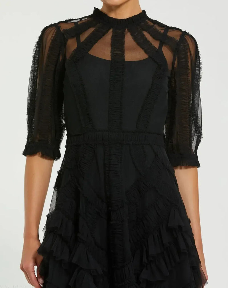 Black High Neck Ruffle Tiered A-Line Midi Dress by Mac Duggal in black color for women Worldwide