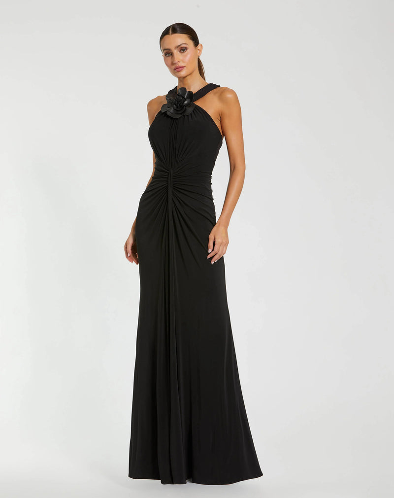 21006-Black Jersey Halter Neck Gown With 3D Flower polyester evening-gowns by Mac Duggal in black for women Worldwide