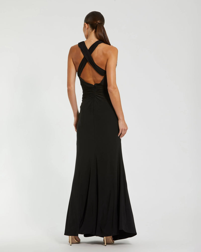 21006-Black Jersey Halter Neck Gown With 3D Flower polyester evening-gowns by Mac Duggal in black for women Worldwide