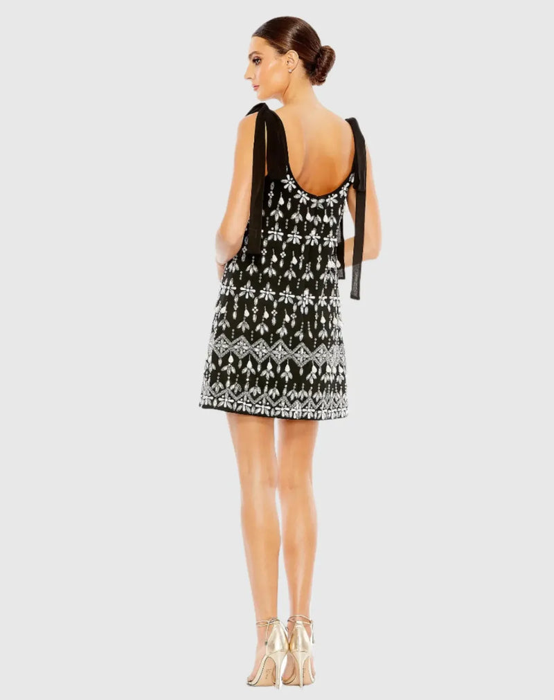 Black Jewel Encrusted Soft Tie Sleeveless Dress by Mac Duggal in black color for women Worldwide