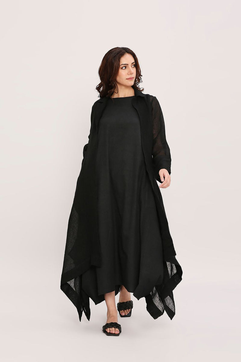 Black Linen Trench Koza Jacket cotton by Mati in black color for women Worldwide