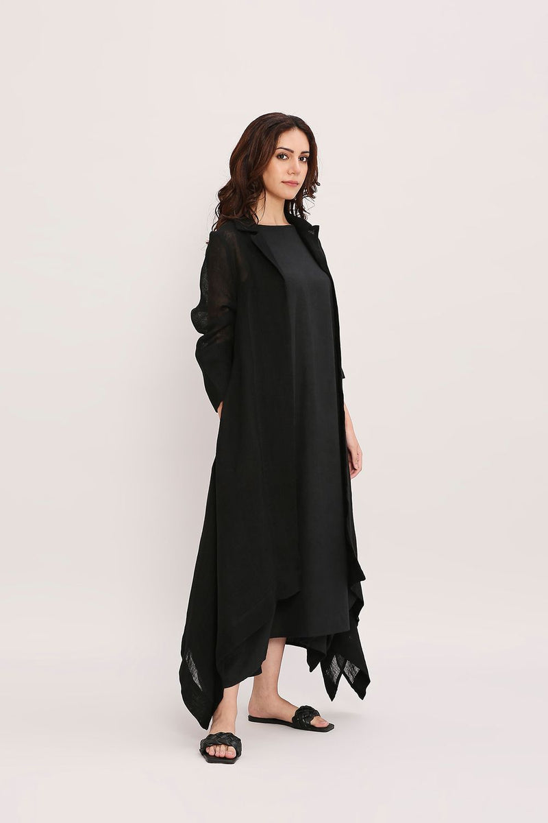 Black Linen Trench Koza Jacket cotton by Mati in black color for women Worldwide