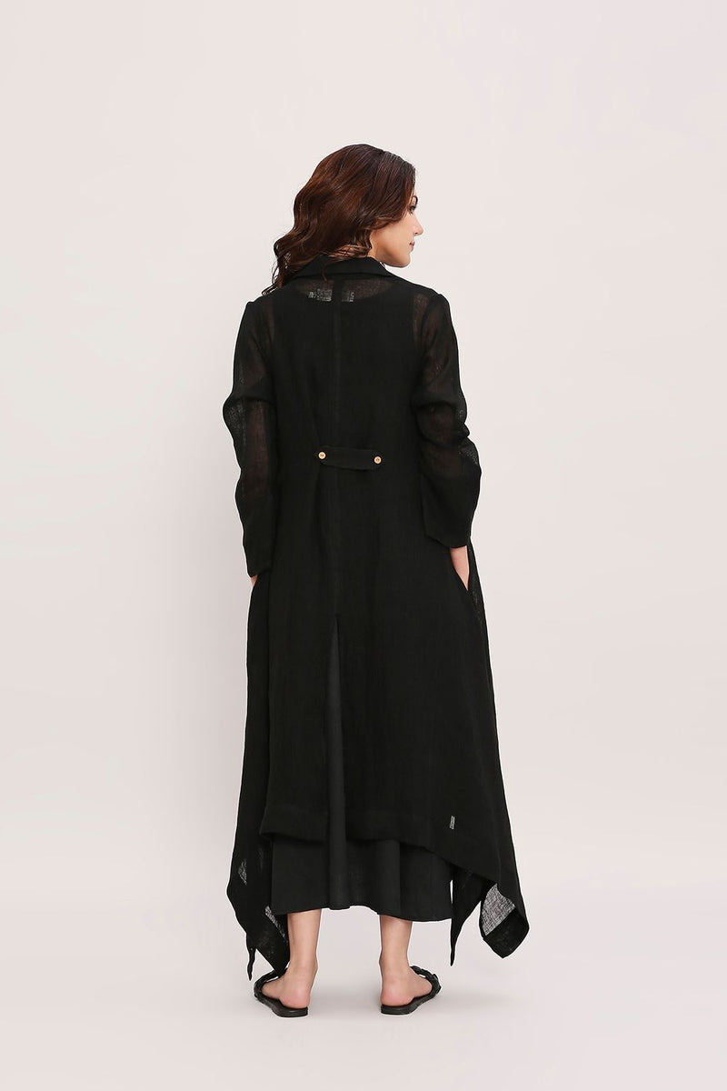 Black Vari & Linen Trench Koza Jacket Co-Ord Set (2 PCS) cotton by Mati in black color for women Worldwide