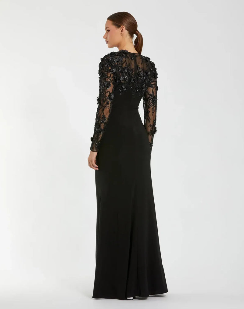Black Long Sleeve Floral Embellished Column Gown by Mac Duggal in black color for women Worldwide