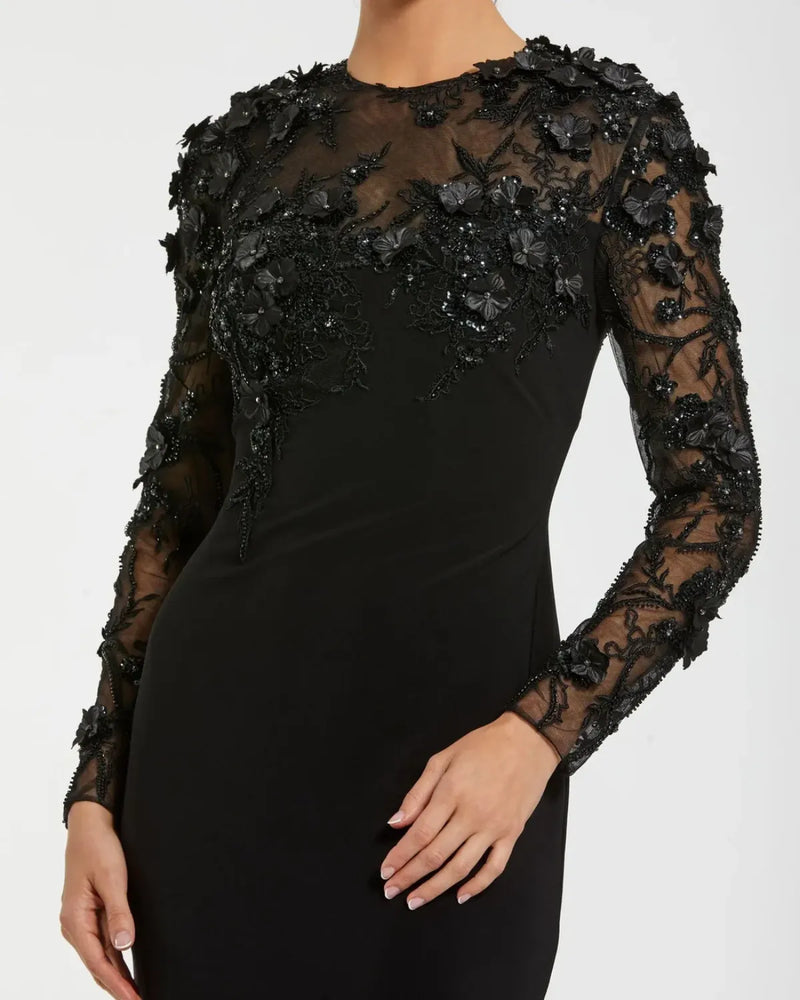 Black Long Sleeve Floral Embellished Column Gown by Mac Duggal in black color for women Worldwide