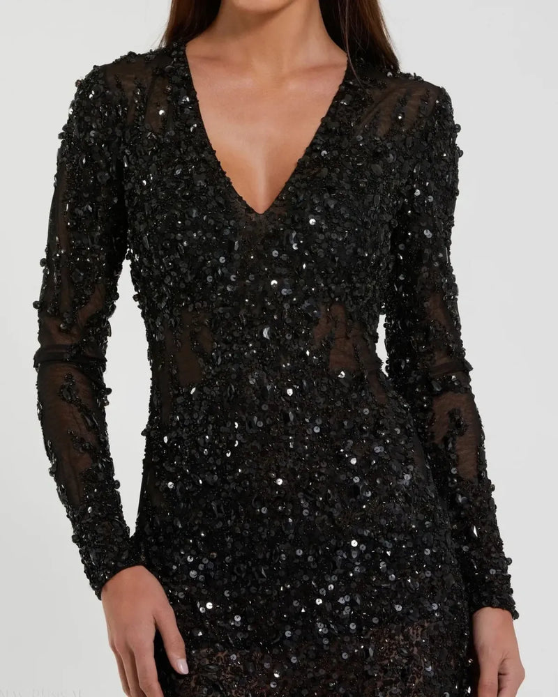 Black Long Sleeve Sheer Embellished Mini Dress by Mac Duggal in black color for women Worldwide
