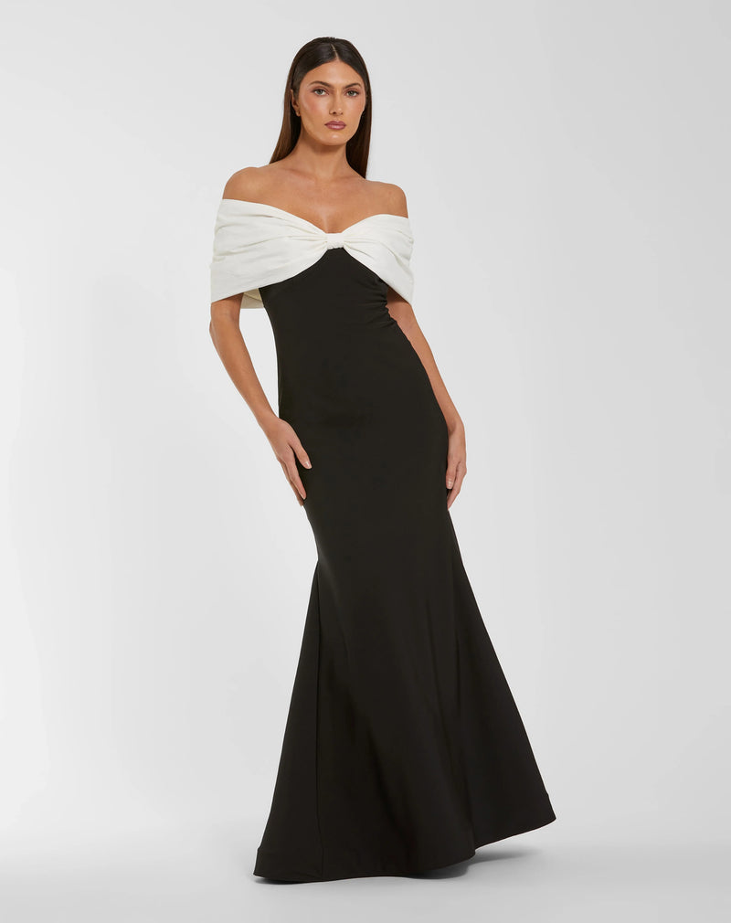 56232-Black Off The Shoulder Mermaid Gown With Bow polyester evening-gowns by Mac Duggal in black, ivory for women Worldwide