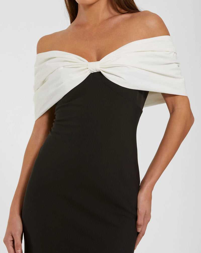 56232-Black Off The Shoulder Mermaid Gown With Bow polyester evening-gowns by Mac Duggal in black, ivory for women Worldwide