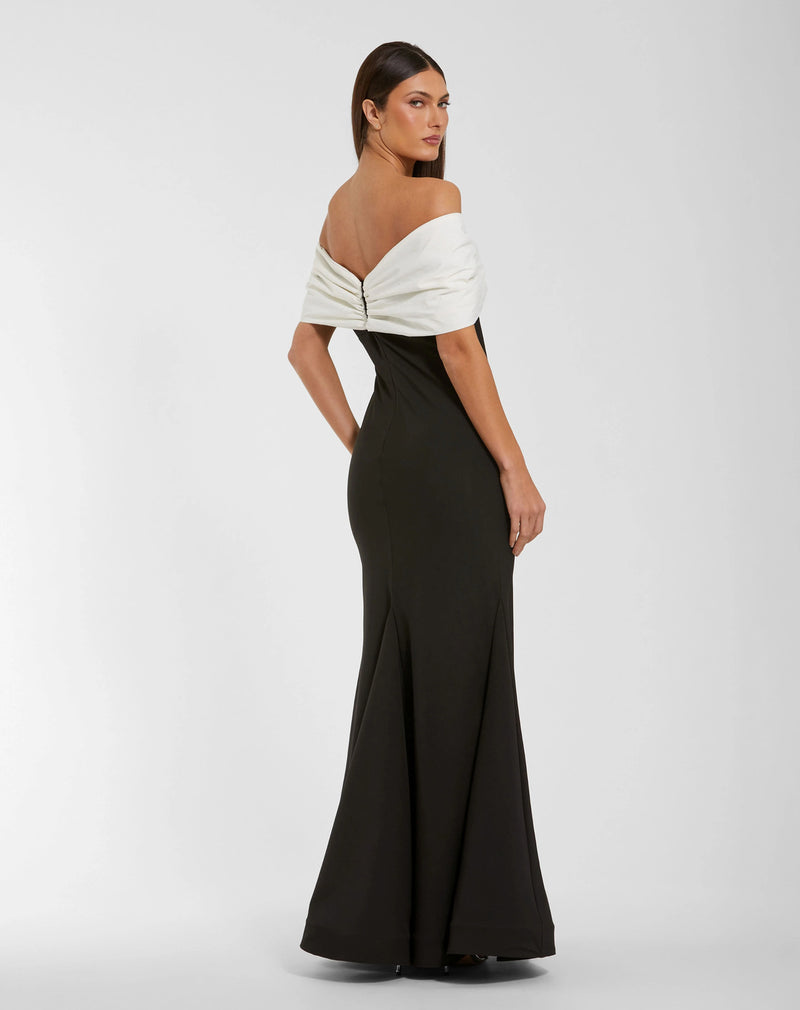 56232-Black Off The Shoulder Mermaid Gown With Bow polyester evening-gowns by Mac Duggal in black, ivory for women Worldwide