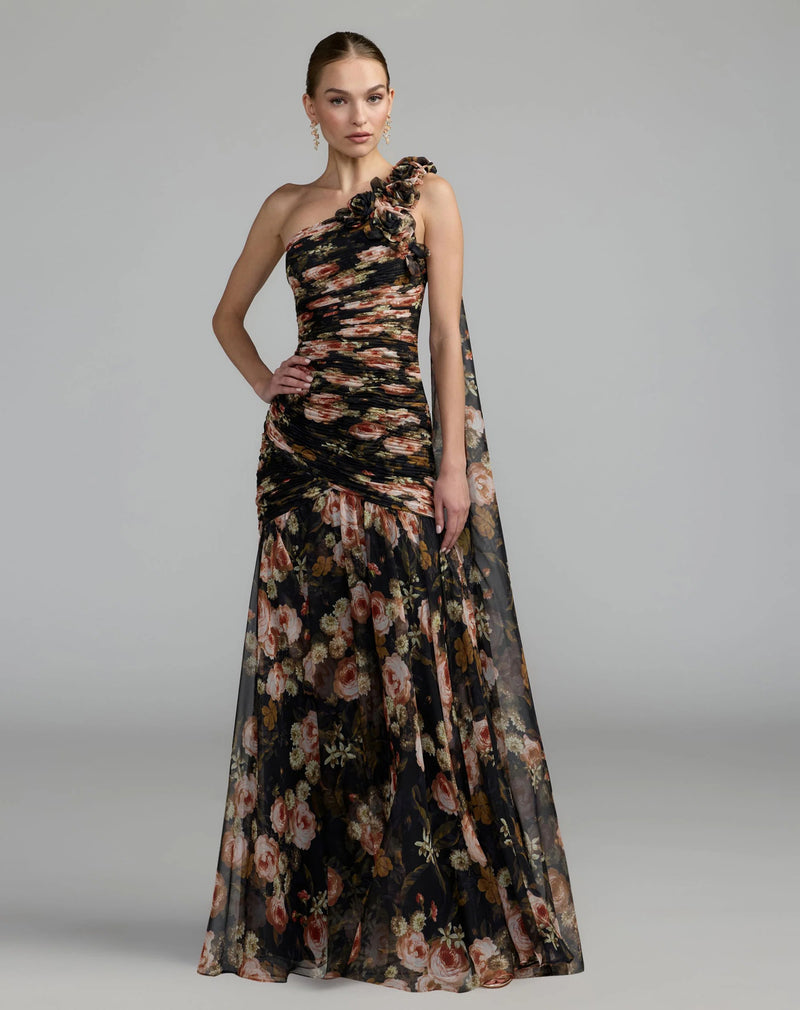 68993-Black One Shoulder Floral Printed Chiffon Gown polyester cocktail-and-party-dresses by Mac Duggal in multi-color for women Worldwide