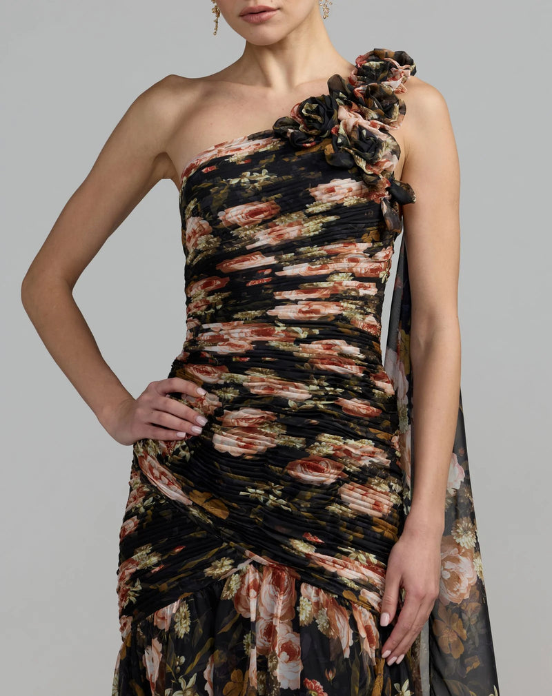 68993-Black One Shoulder Floral Printed Chiffon Gown polyester cocktail-and-party-dresses by Mac Duggal in multi-color for women Worldwide