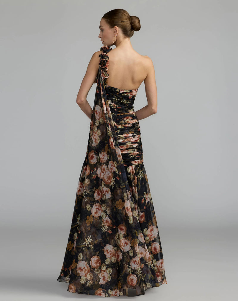 68993-Black One Shoulder Floral Printed Chiffon Gown polyester cocktail-and-party-dresses by Mac Duggal in multi-color for women Worldwide