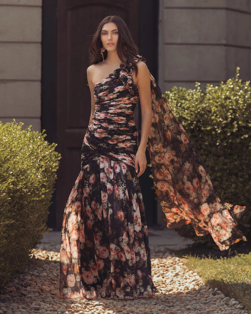 68993-Black One Shoulder Floral Printed Chiffon Gown polyester cocktail-and-party-dresses by Mac Duggal in multi-color for women Worldwide