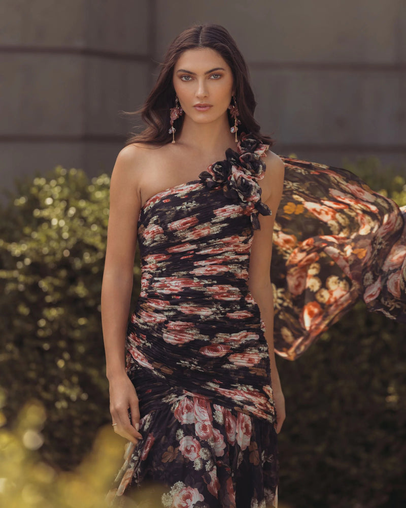 68993-Black One Shoulder Floral Printed Chiffon Gown polyester cocktail-and-party-dresses by Mac Duggal in multi-color for women Worldwide
