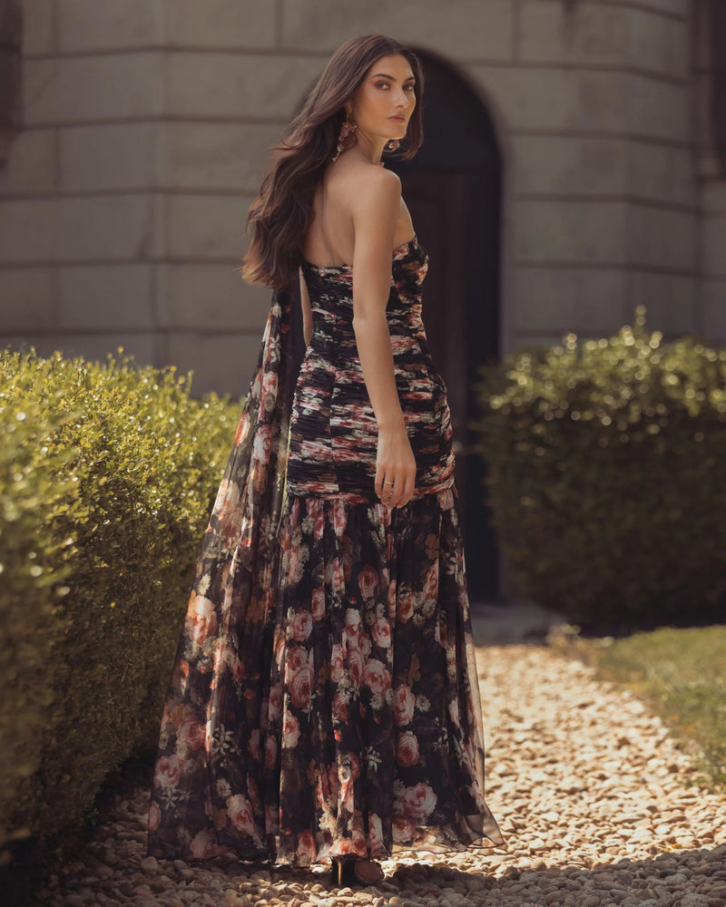 68993-Black One Shoulder Floral Printed Chiffon Gown polyester cocktail-and-party-dresses by Mac Duggal in multi-color for women Worldwide