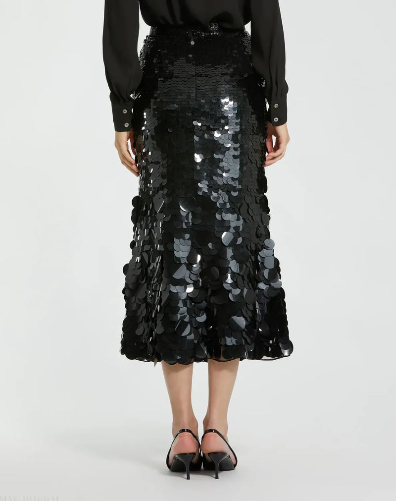 Black Paillette Sequin Midi Skirt by Mac Duggal in black color for women Worldwide