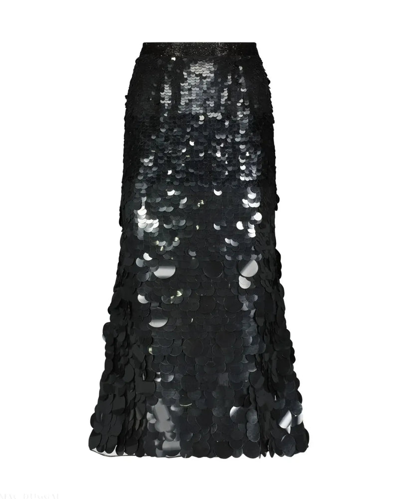 Black Paillette Sequin Midi Skirt by Mac Duggal in black color for women Worldwide