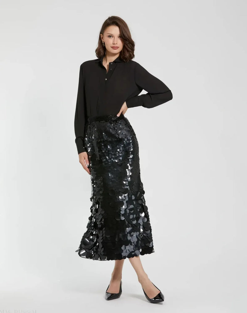 Black Paillette Sequin Midi Skirt by Mac Duggal in black color for women Worldwide