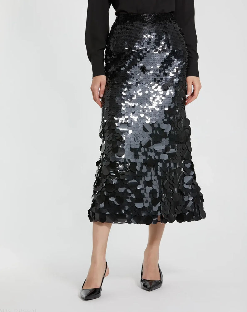 Black Paillette Sequin Midi Skirt by Mac Duggal in black color for women Worldwide