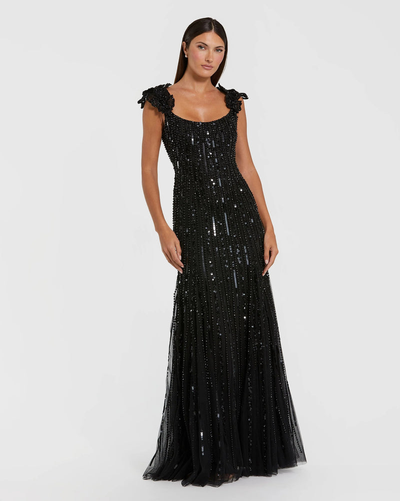94223-Black Sleeveless Embellished Gown With Floral Accent polyester evening-gowns by Mac Duggal in black for women Worldwide