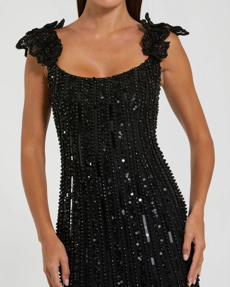 94223-Black Sleeveless Embellished Gown With Floral Accent polyester evening-gowns by Mac Duggal in black for women Worldwide