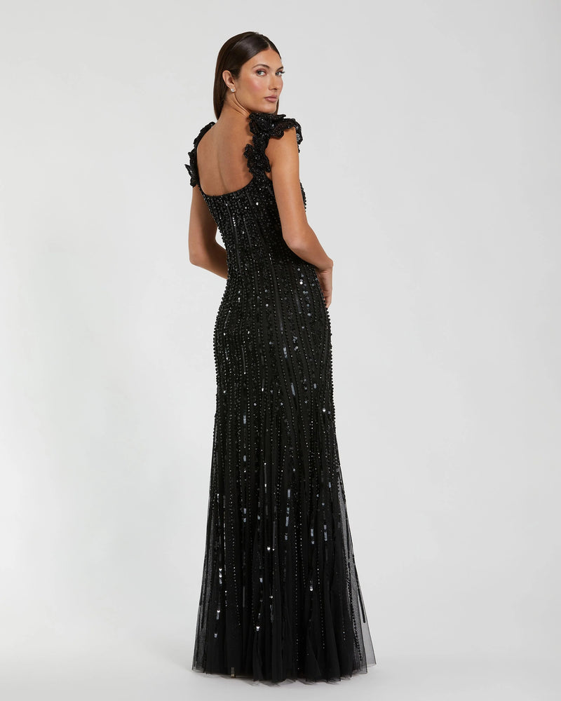 94223-Black Sleeveless Embellished Gown With Floral Accent polyester evening-gowns by Mac Duggal in black for women Worldwide