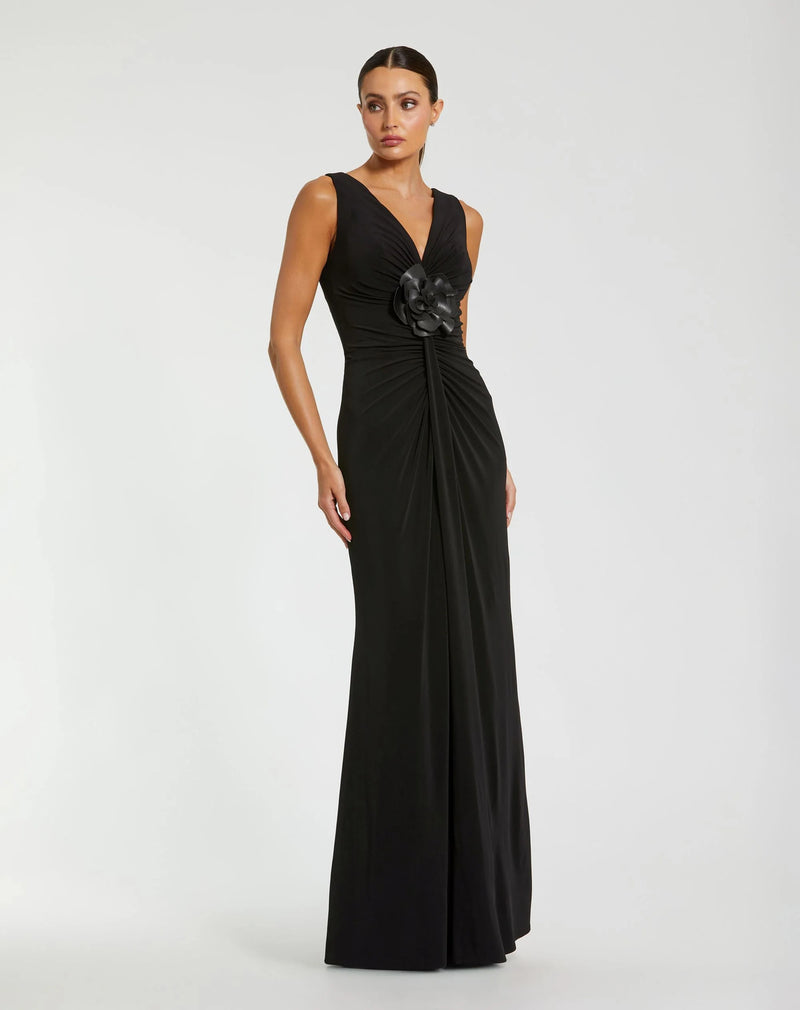 21005-Black Sleeveless Jersey Gown With 3D Flower polyester evening-gowns by Mac Duggal in black for women Worldwide