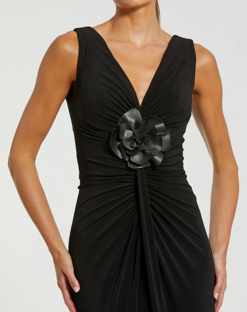 21005-Black Sleeveless Jersey Gown With 3D Flower polyester evening-gowns by Mac Duggal in black for women Worldwide