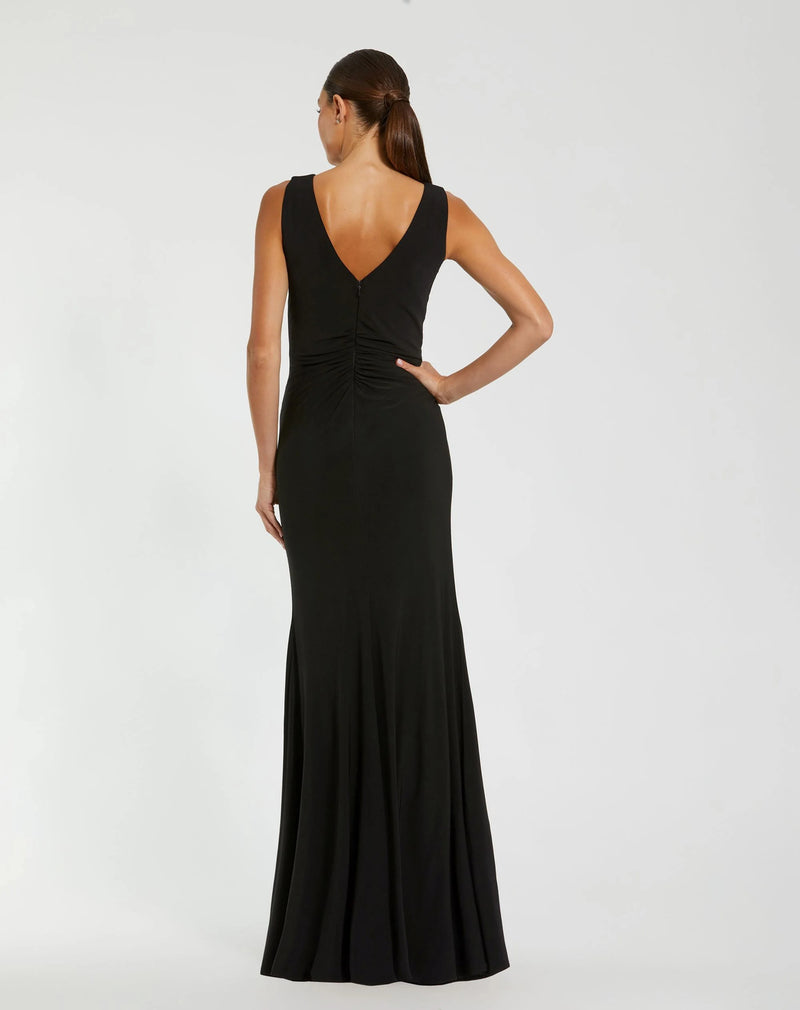 21005-Black Sleeveless Jersey Gown With 3D Flower polyester evening-gowns by Mac Duggal in black for women Worldwide