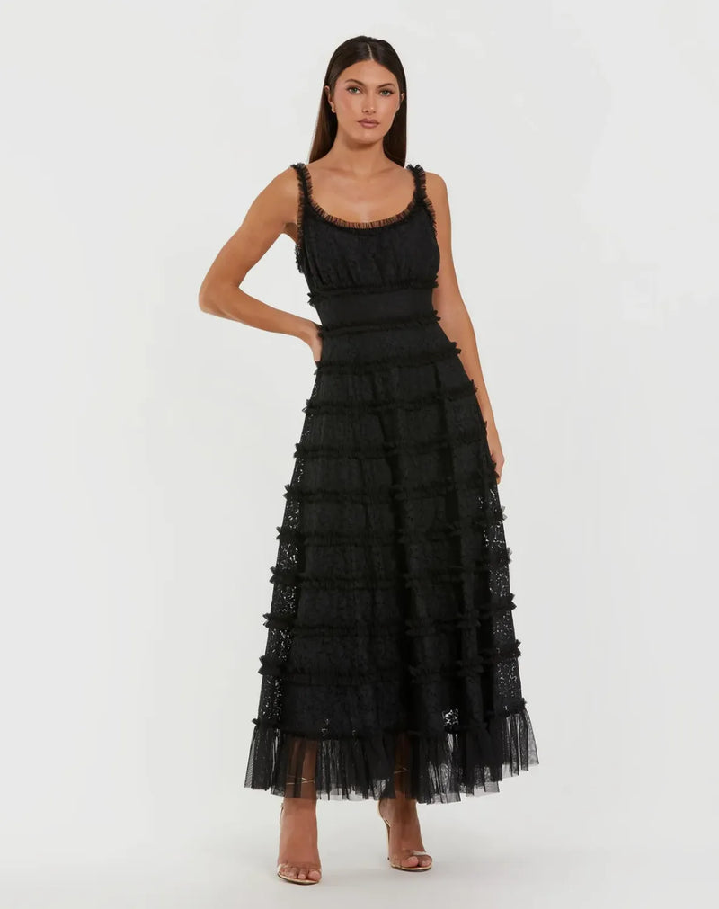 Black Sleeveless Lace A Line Midi Dress With Ruffles by Mac Duggal in black color for women Worldwide