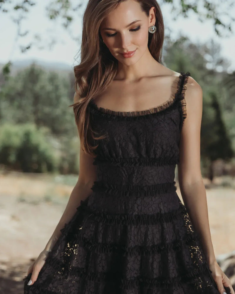 Black Sleeveless Lace A Line Midi Dress With Ruffles by Mac Duggal in black color for women Worldwide