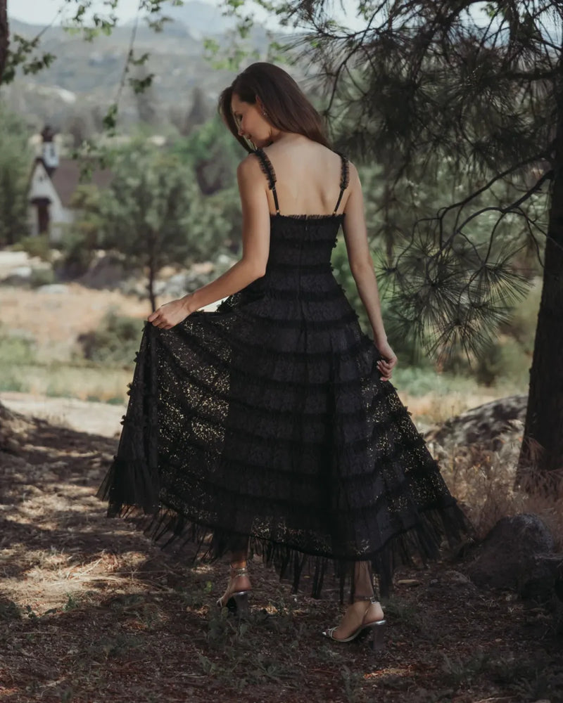 Black Sleeveless Lace A Line Midi Dress With Ruffles by Mac Duggal in black color for women Worldwide