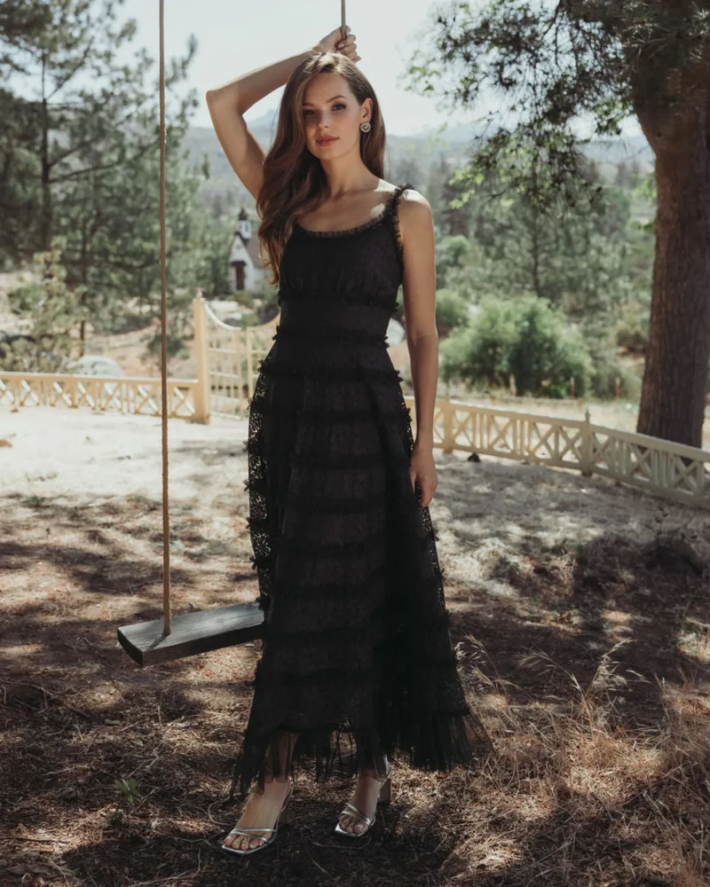 Black Sleeveless Lace A Line Midi Dress With Ruffles by Mac Duggal in black color for women Worldwide