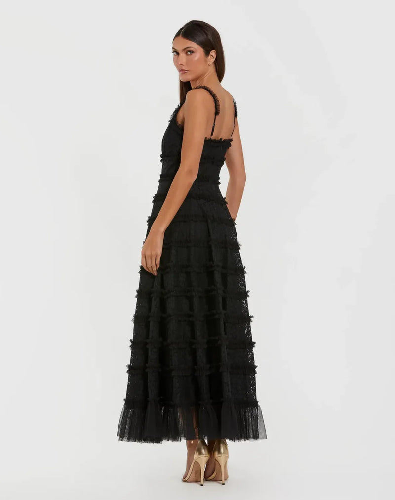 Black Sleeveless Lace A Line Midi Dress With Ruffles by Mac Duggal in black color for women Worldwide